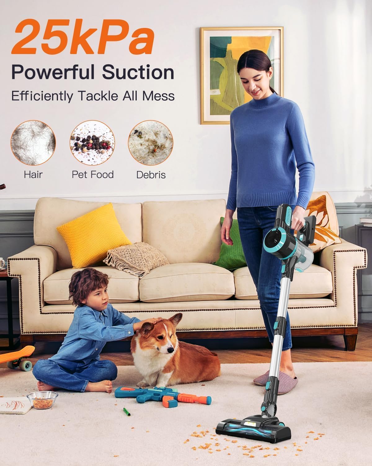 2024 Upgraded Cordless Vacuum Cleaner, 25KPa Powerful Suction with 120,000 RPM Brushless Motor, 45-Minute Runtime, Rechargeable Battery, 4-in-1 Lightweight Upright Vacuum for Pet Hair and Carpets